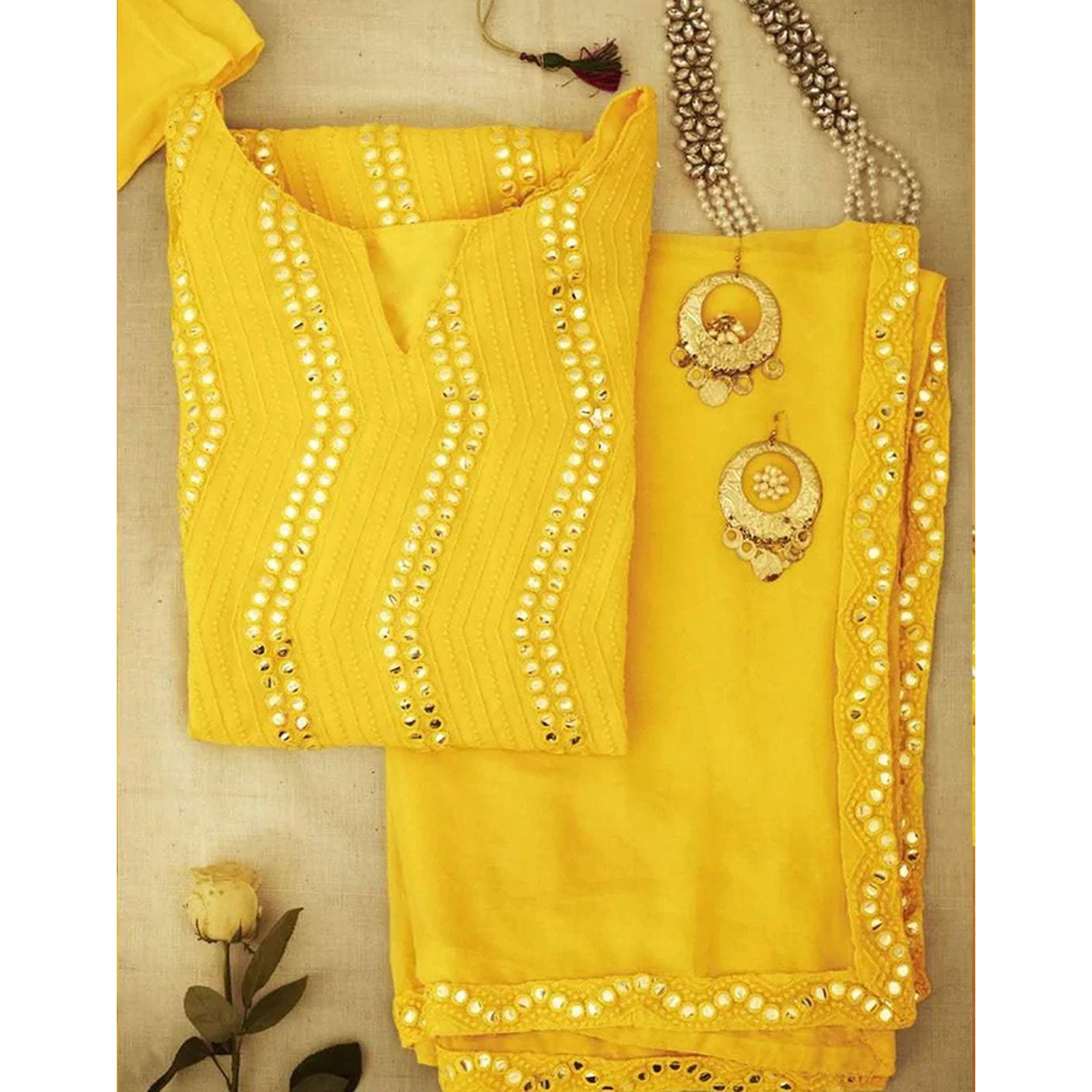 Yellow Color Suit with Foil Mirror Work ClothsVilla
