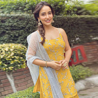 Yellow crape suit with Zari, sequins and pearl work ClothsVilla