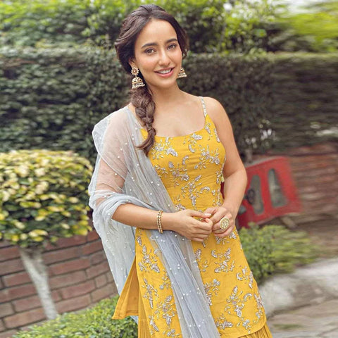 Yellow crape suit with Zari, sequins and pearl work ClothsVilla Main image