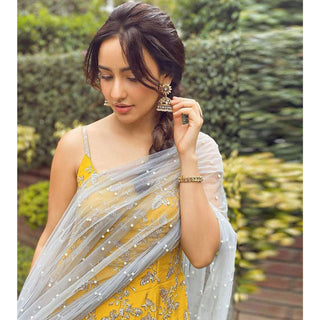 Yellow crape suit with Zari, sequins and pearl work ClothsVilla