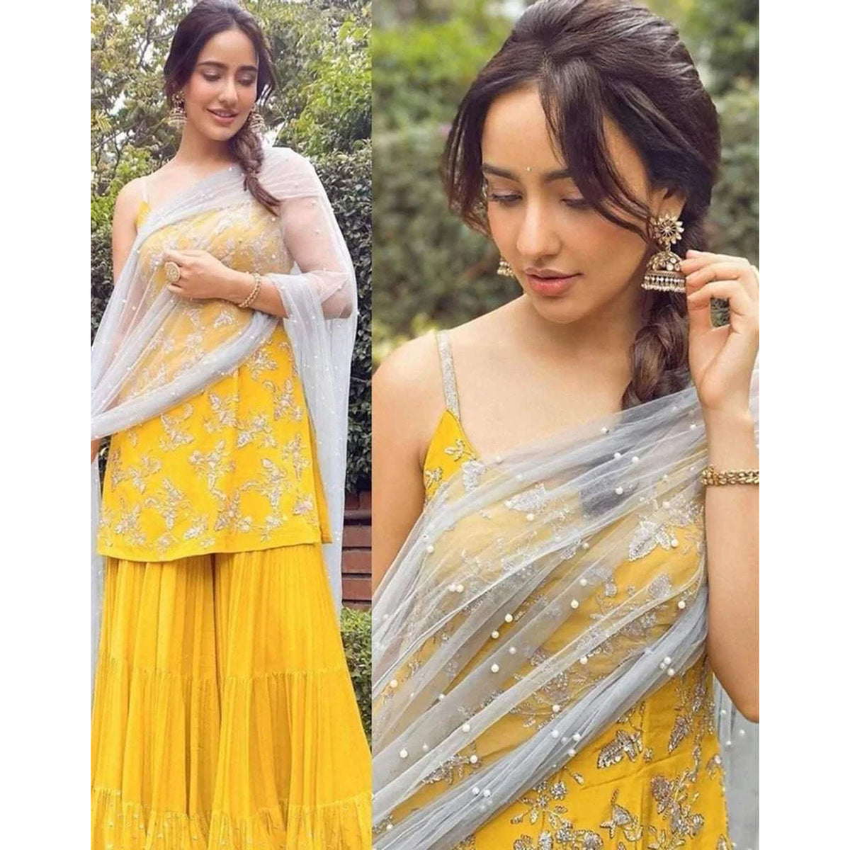 Yellow crape suit with Zari, sequins and pearl work ClothsVilla