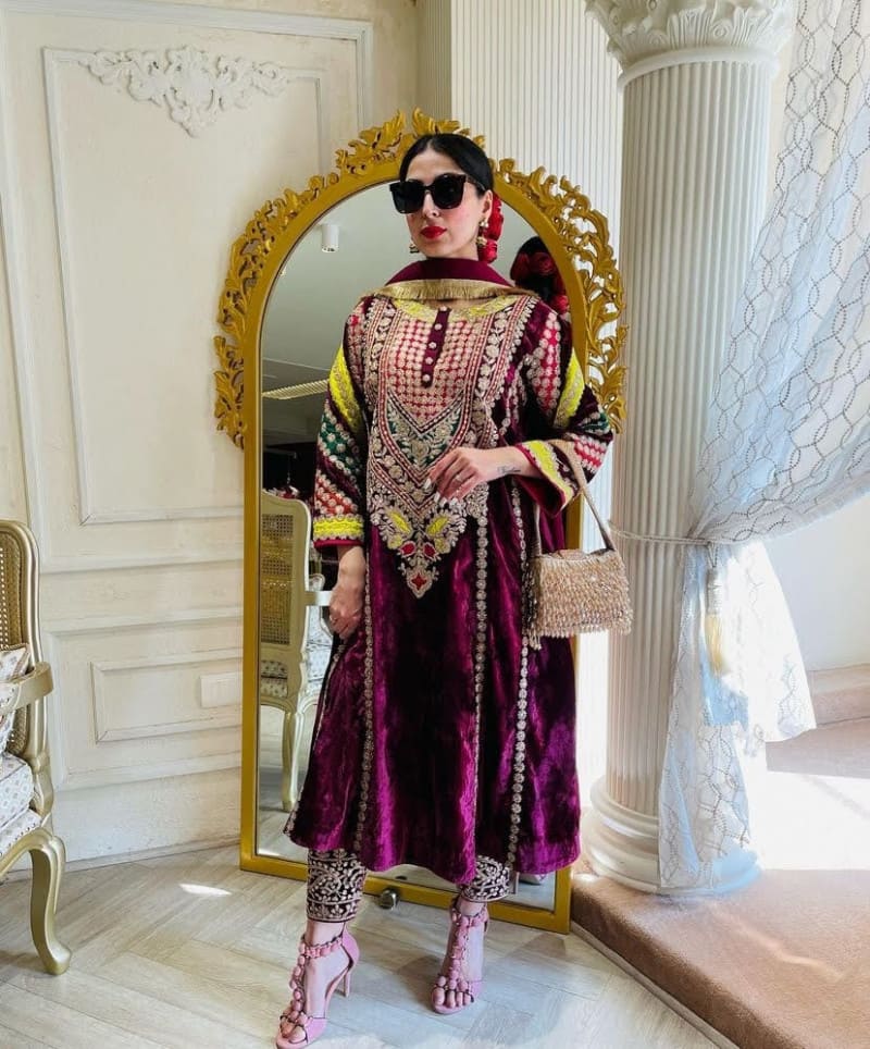 Wine Velvet Cording Embroidery Work Salwar Suit Clothsvilla