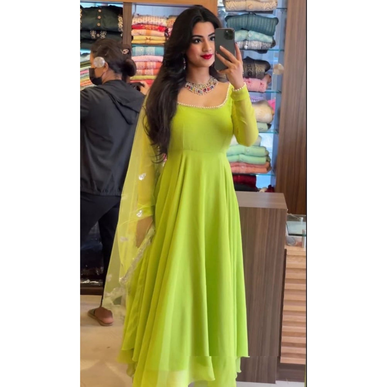Parrot Green Anarkali Salwar Suit in Soft Georgette with Pearl Lace ClothsVilla