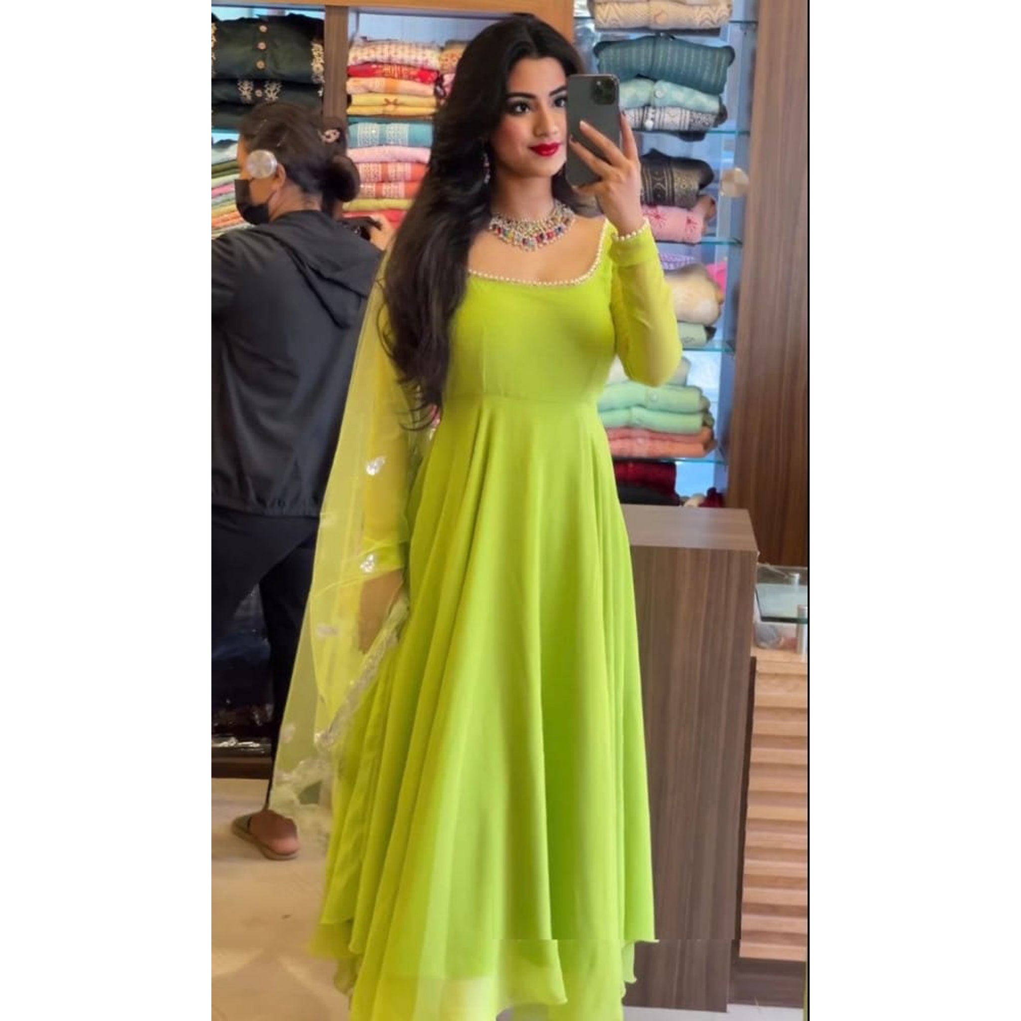 Parrot Green Anarkali Salwar Suit in Soft Georgette with Pearl Lace ClothsVilla