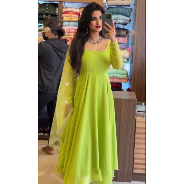 Parrot Green Anarkali Salwar Suit in Soft Georgette with Pearl Lace ClothsVilla