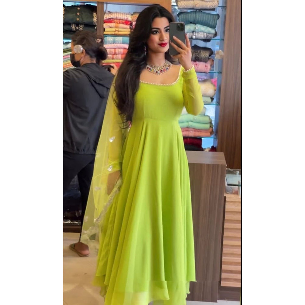 Parrot Green Anarkali Salwar Suit in Soft Georgette with Pearl Lace - Clothsvilla XXXL-46 Parrot Green Anarkali Salwar Suit in Soft Georgette with Pearl Lace - Clothsvilla XXXL-46