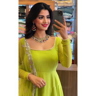 Parrot Green Anarkali Salwar Suit in Soft Georgette with Pearl Lace ClothsVilla
