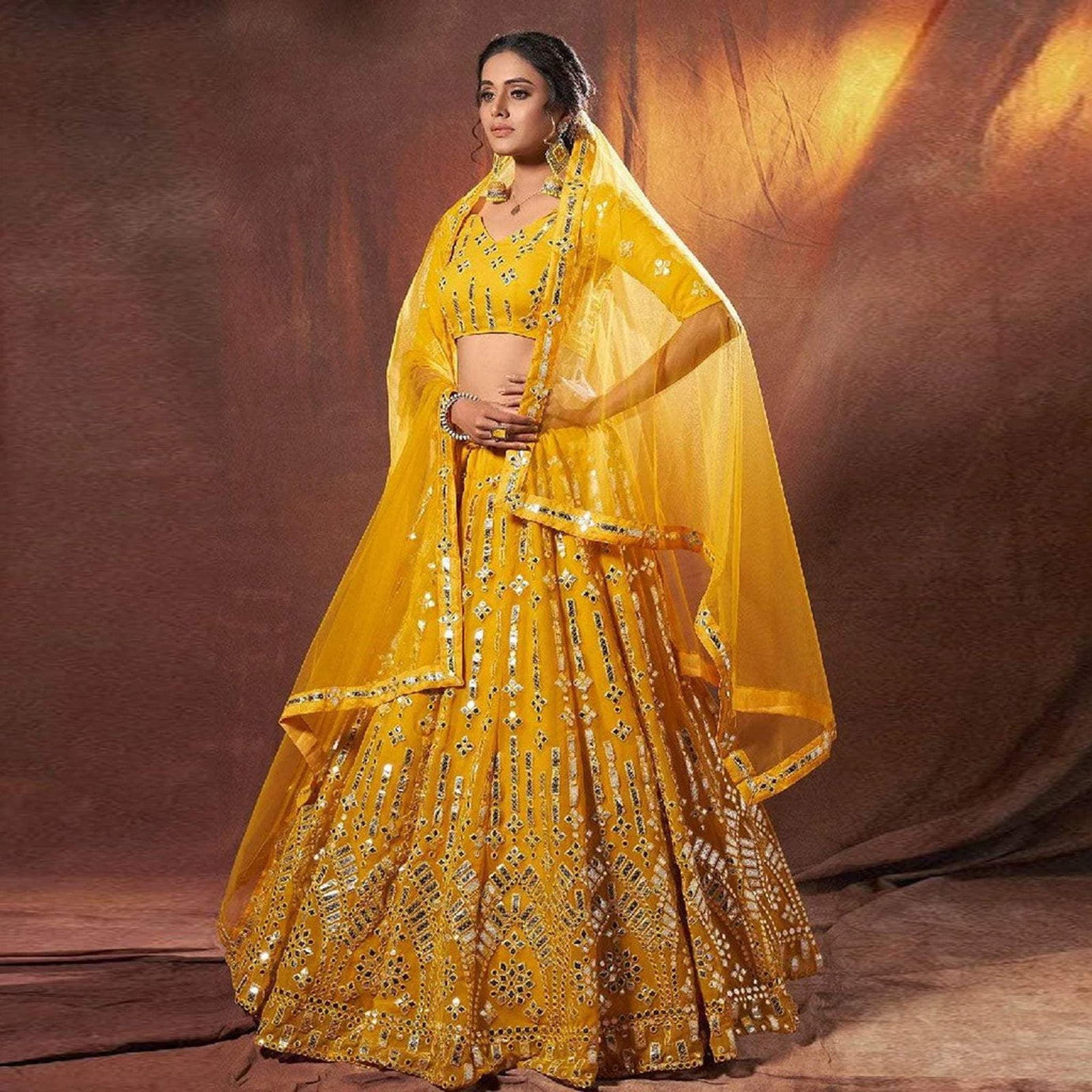 Yellow Georgette Lehenga with Heavy Embroidery work ClothsVilla