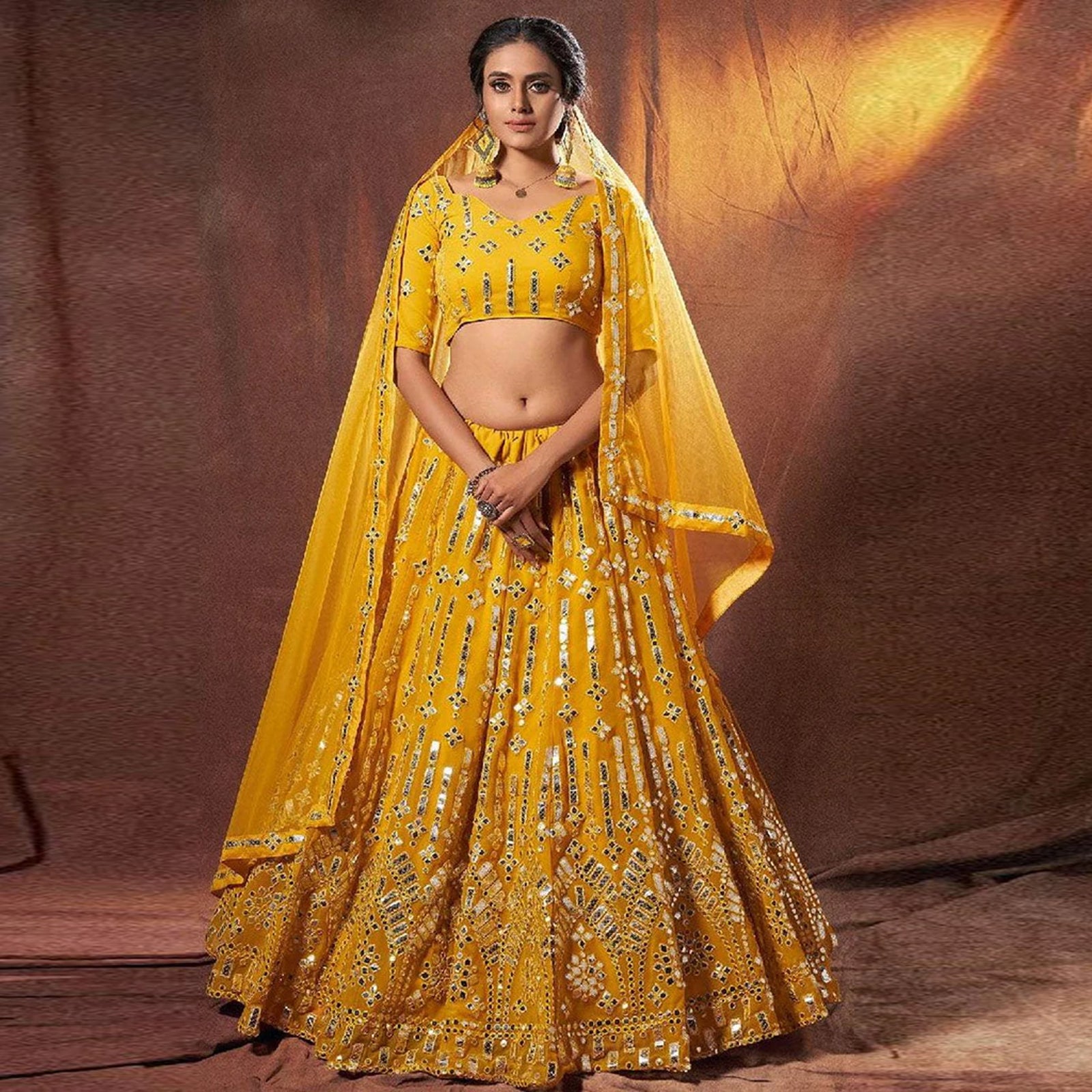 Yellow Georgette Lehenga Choli with Resham And Mirror Work ClothsVilla