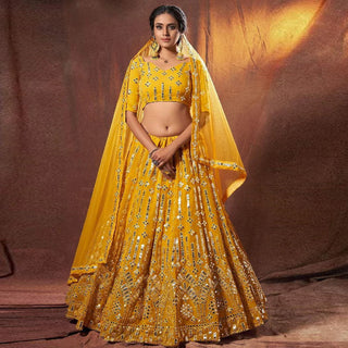 Yellow Georgette Lehenga Choli with Resham And Mirror Work ClothsVilla