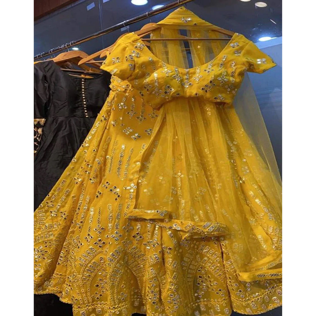 Yellow Georgette Lehenga Choli with Resham And Mirror Work ClothsVilla