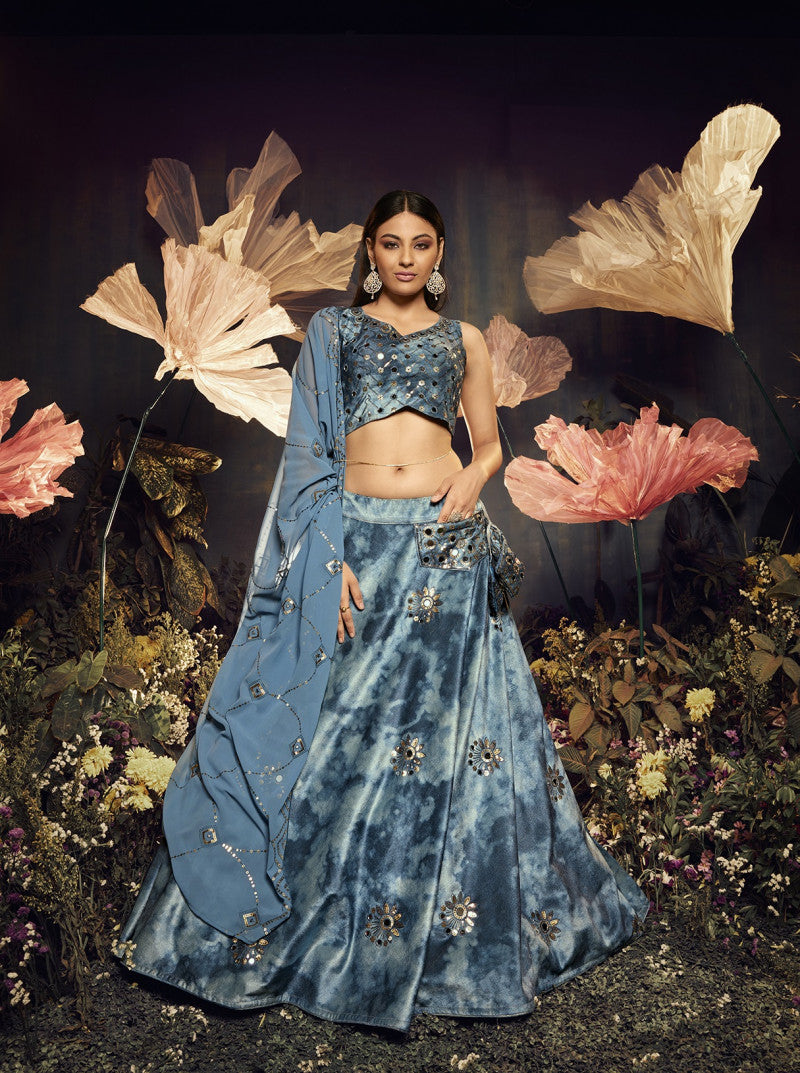 Ravishing Sky Color Shibori Print Dusty  Mirror Work Lehenga Choli Clothsvilla