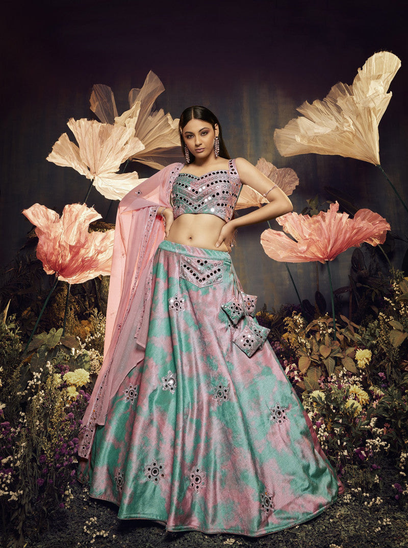 Glimmering Sky Pink Color Shibori Print  Mirror Work Lehenga Choli Clothsvilla