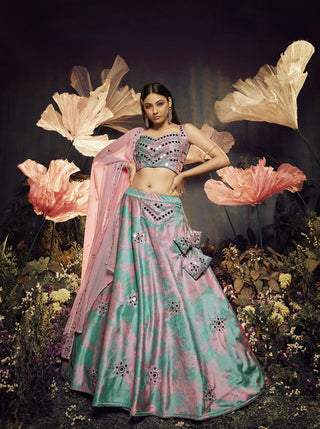 Glimmering Sky Pink Color Shibori Print  Mirror Work Lehenga Choli Clothsvilla
