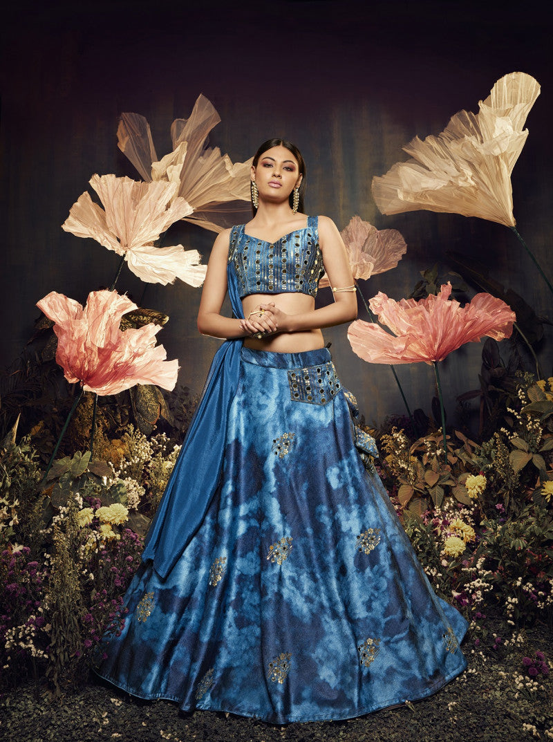 Opulent Blue Color Shibori Print  Mirror Work Lehenga Choli Clothsvilla