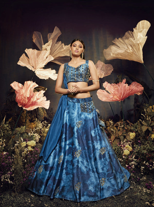 Opulent Blue Color Shibori Print  Mirror Work Lehenga Choli Clothsvilla