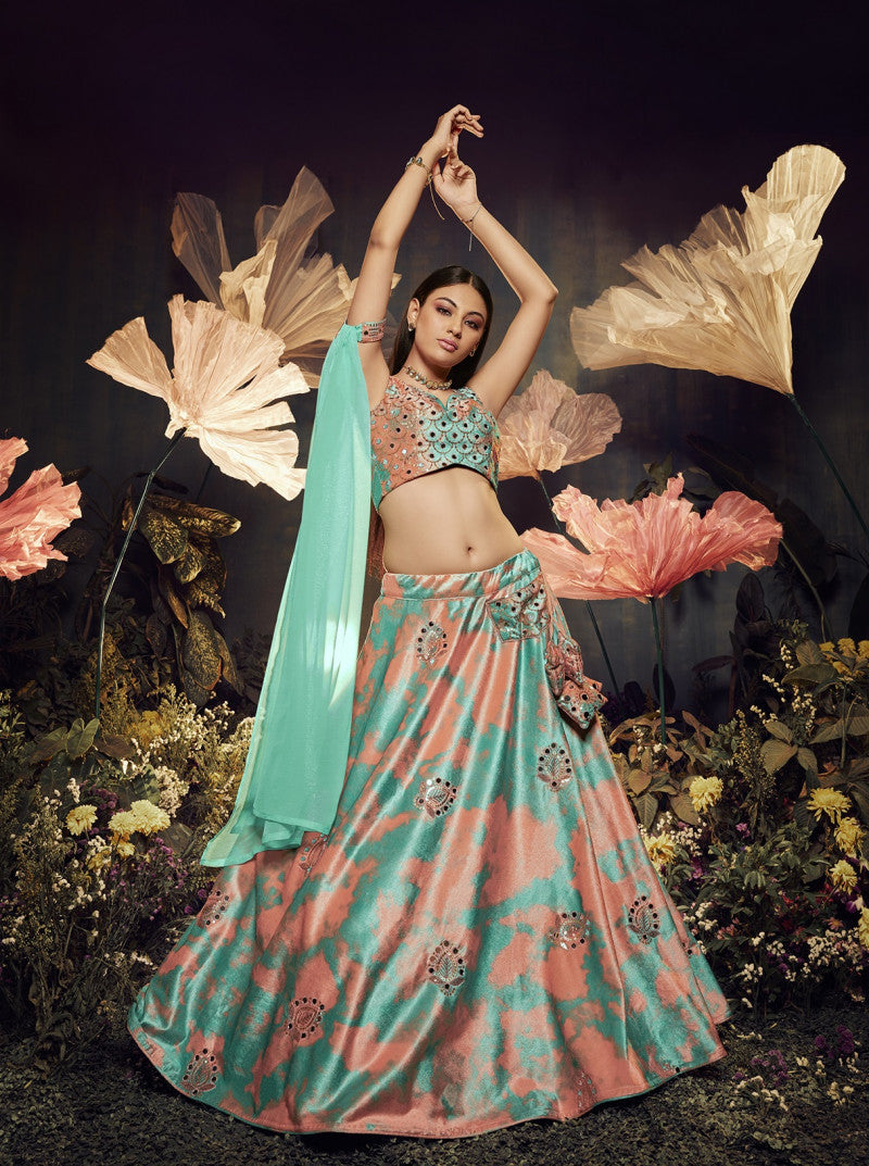 Blissful Orange Color Shibori Print Turquoise  Mirror Work Lehenga Choli Clothsvilla Main image