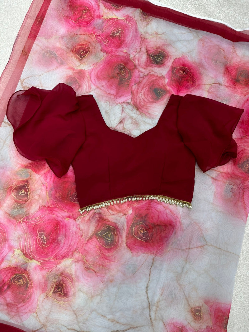Mesmerizing  Maroon And White Flower Print Organza Silk Saree Clothsvilla