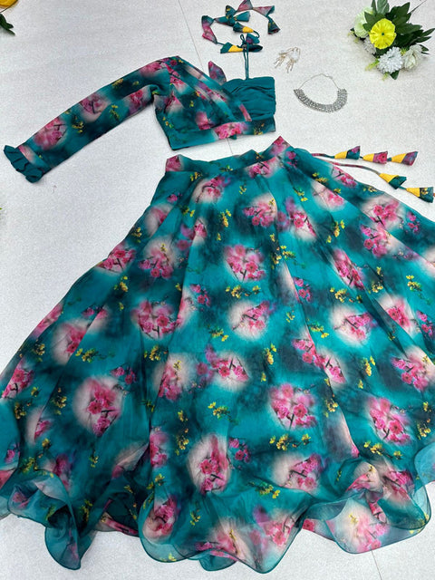 Marvelous Floral Printed Teal Blue Color Lehenga With One Shoulder Blouse Clothsvilla Main image
