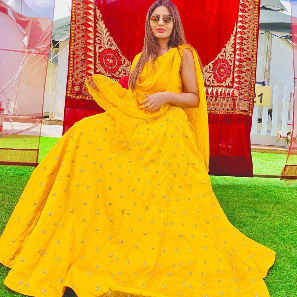 Yellow Lehenga Choli for Haldi Ceremony in Silk with Dupatta ClothsVilla