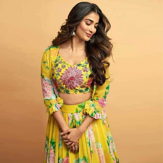 Yellow Lehenga Choli In Digitally Floral Printed Faux Georgette ClothsVilla