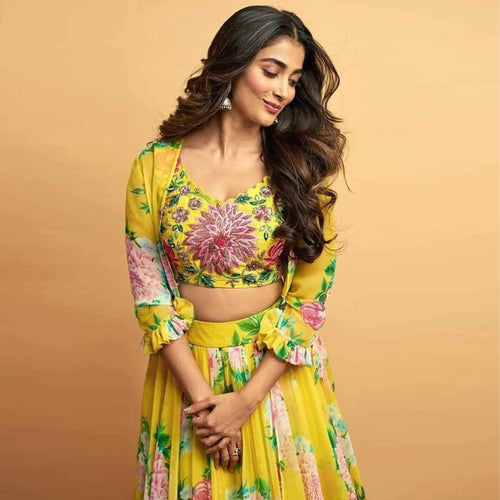 Yellow Lehenga Choli In Digitally Floral Printed Faux Georgette ClothsVilla