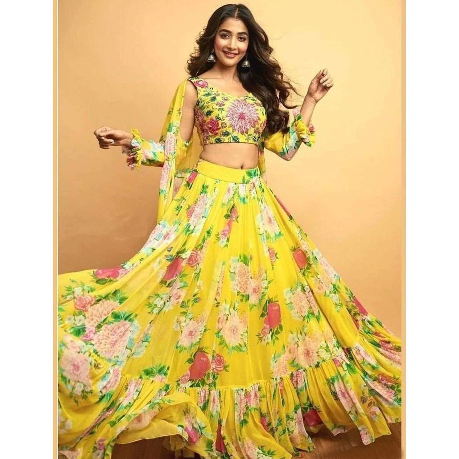 Yellow Lehenga Choli In Digitally Floral Printed Faux Georgette ClothsVilla