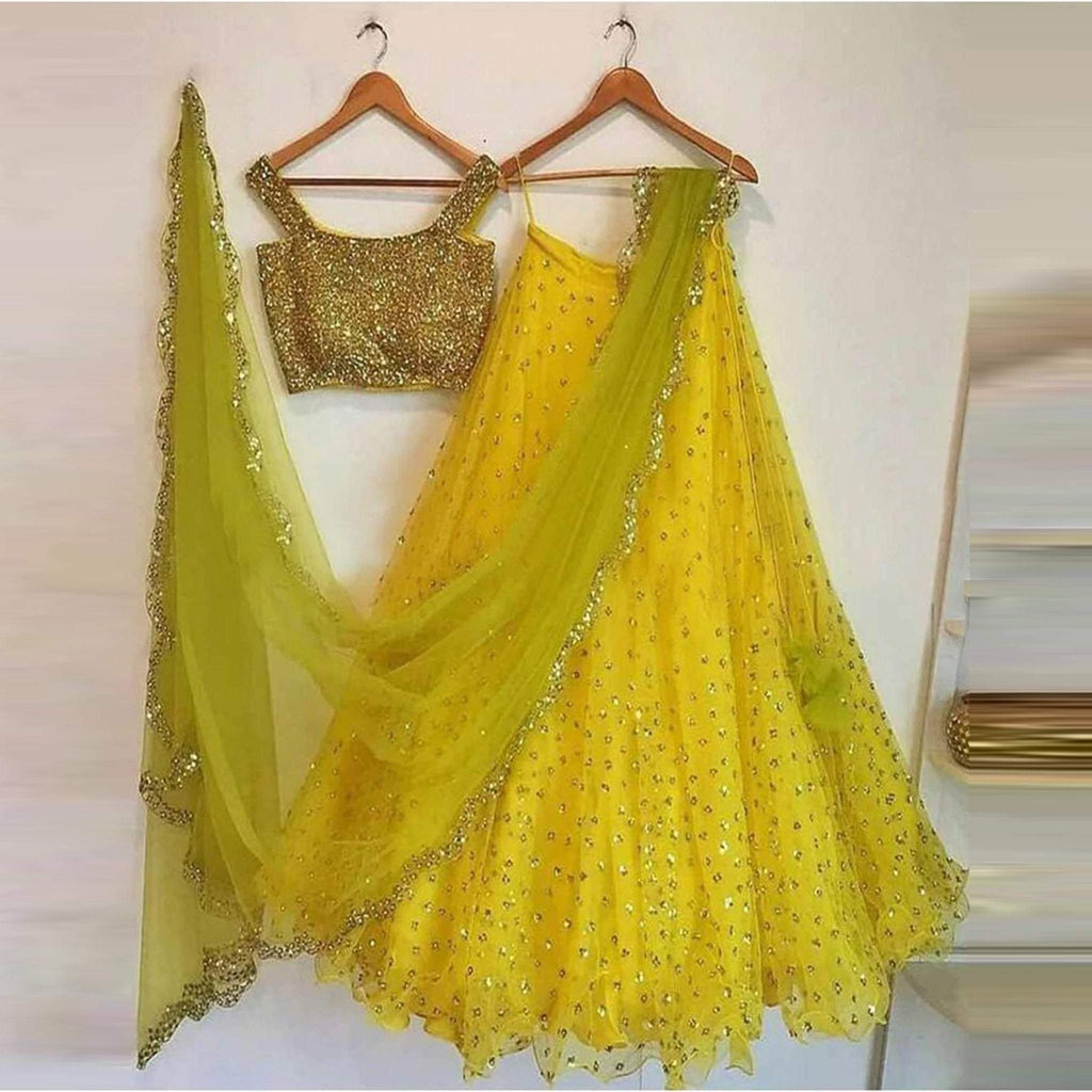 Yellow Lehenga Choli with Heavy Embroidery Cut Work and Full Sequence ClothsVilla