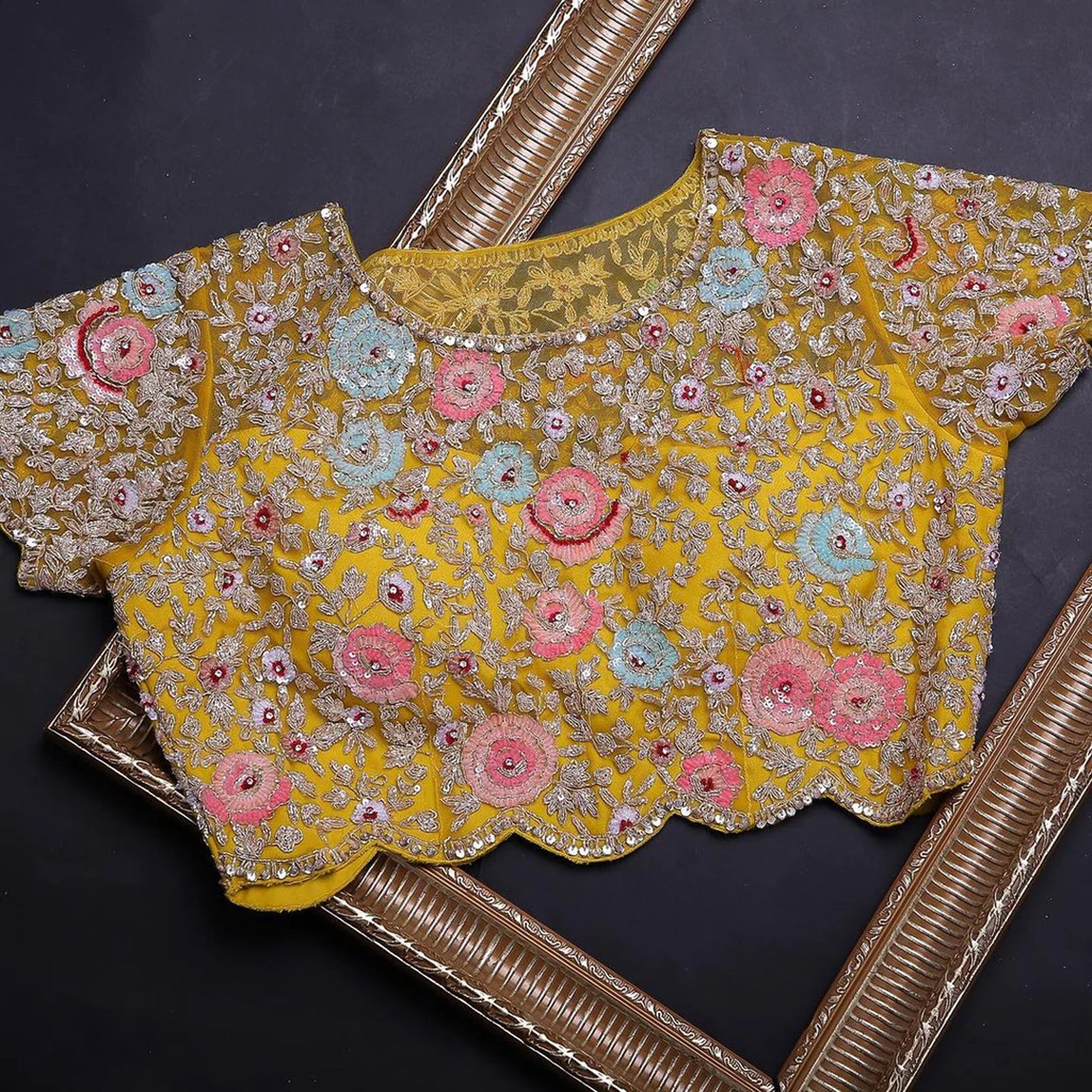 Yellow Organza Saree with Heavy Embroidery work and Unstitched Blouse ClothsVilla