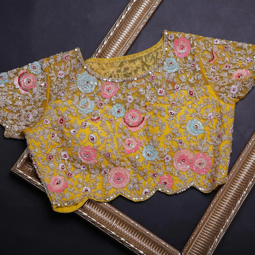 Yellow Organza Saree with Heavy Embroidery work and Unstitched Blouse ClothsVilla