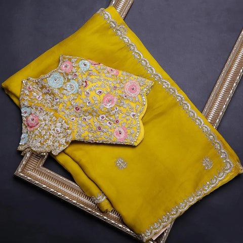 Yellow Organza Saree with Heavy Embroidery work and Unstitched Blouse ClothsVilla Main image