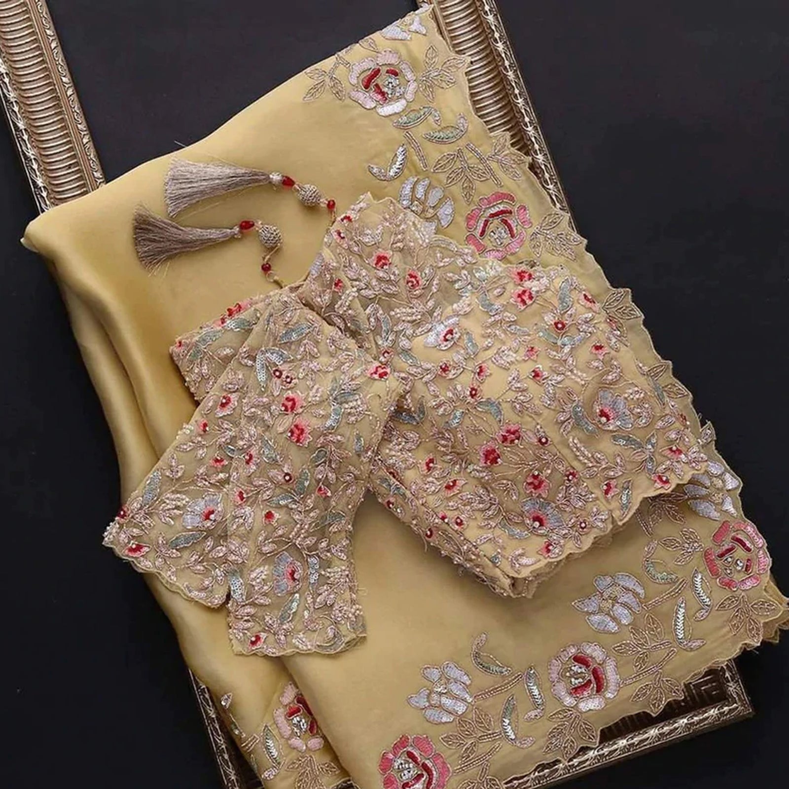 Yellow Organza Saree with Sequence Zari and Thread Embroidery Work ClothsVilla