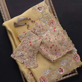 Yellow Organza Saree with Sequence Zari and Thread Embroidery Work ClothsVilla