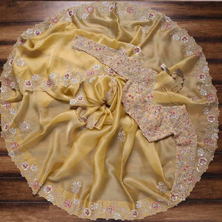 Yellow Organza Saree with Sequence Zari and Thread Embroidery Work ClothsVilla