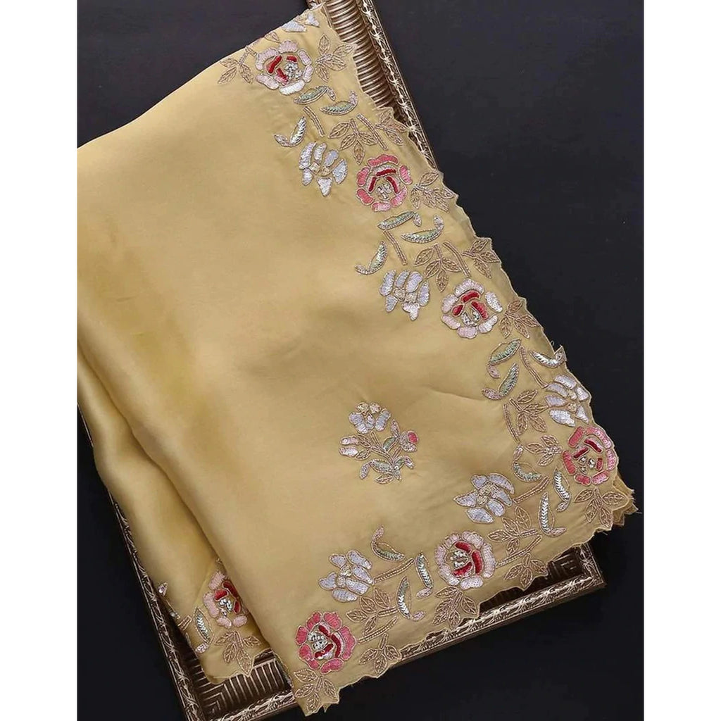 Yellow Organza Saree with Sequence Zari and Thread Embroidery Work ClothsVilla