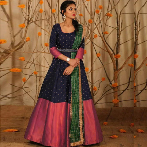 Adorable Designer Wear Blue Satin Silk Anarkali Gown With Silk Chanderi Dupatta ClothsVilla Main image