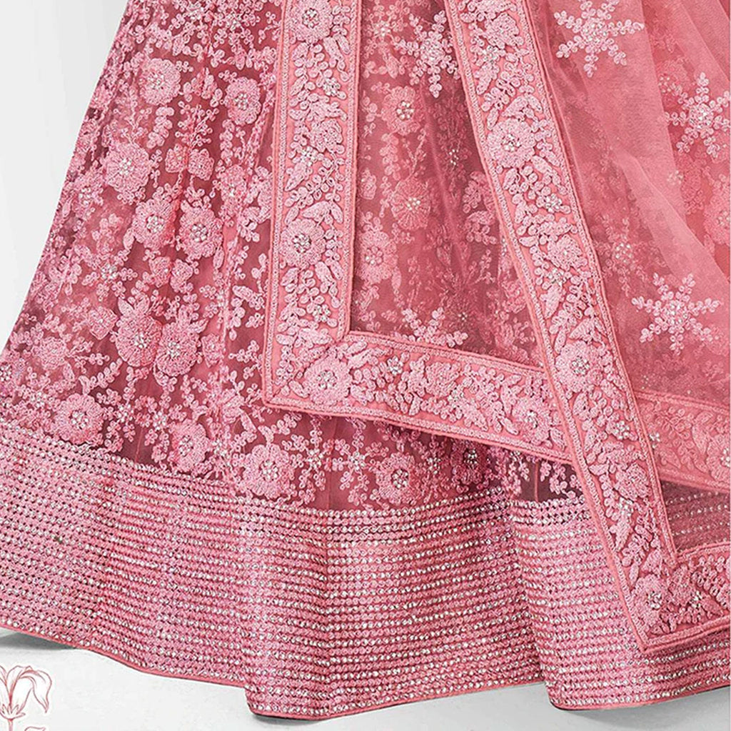 Rose Pink Lehenga Choli in Soft Net with Thread Sequence and Zari Work ClothsVilla