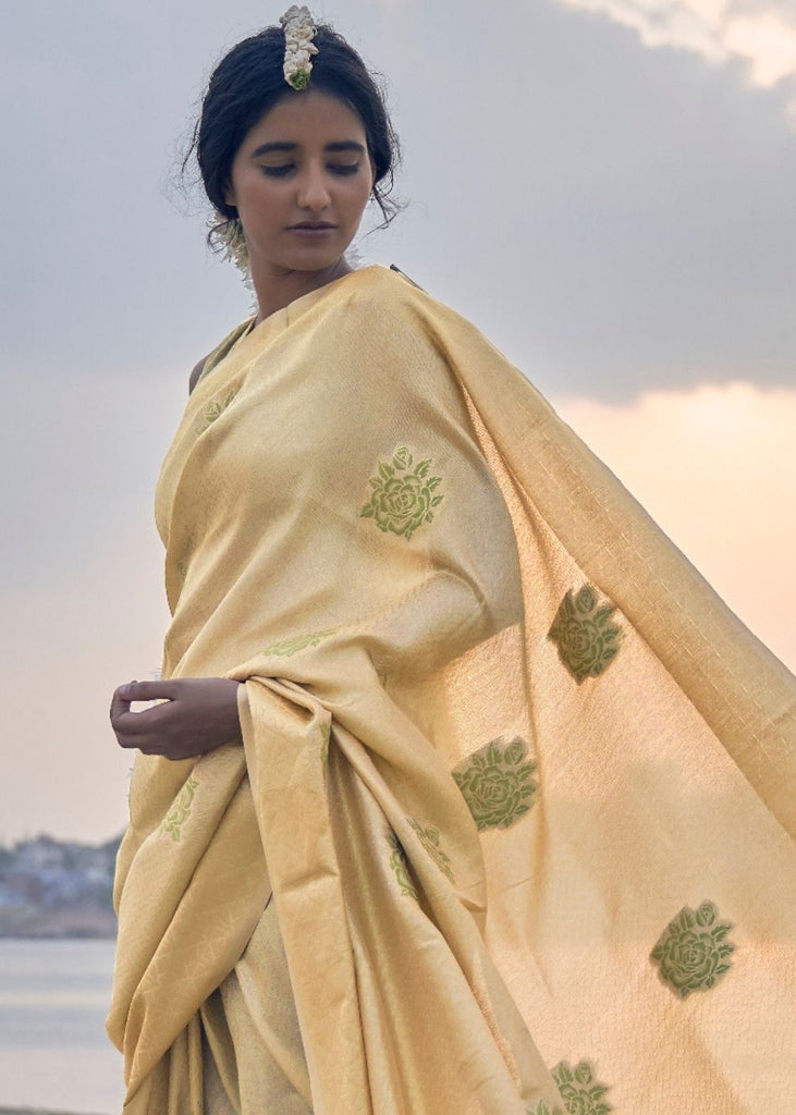 Saffron Yellow Linen Silk Saree with Zari Woven Butti overall Clothsvilla