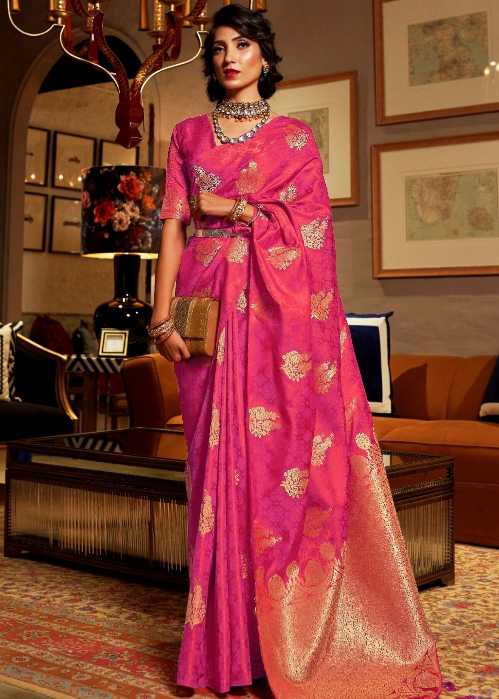 Hot Pink Satin Woven Silk Saree with overall Golden Buti Clothsvilla Main image