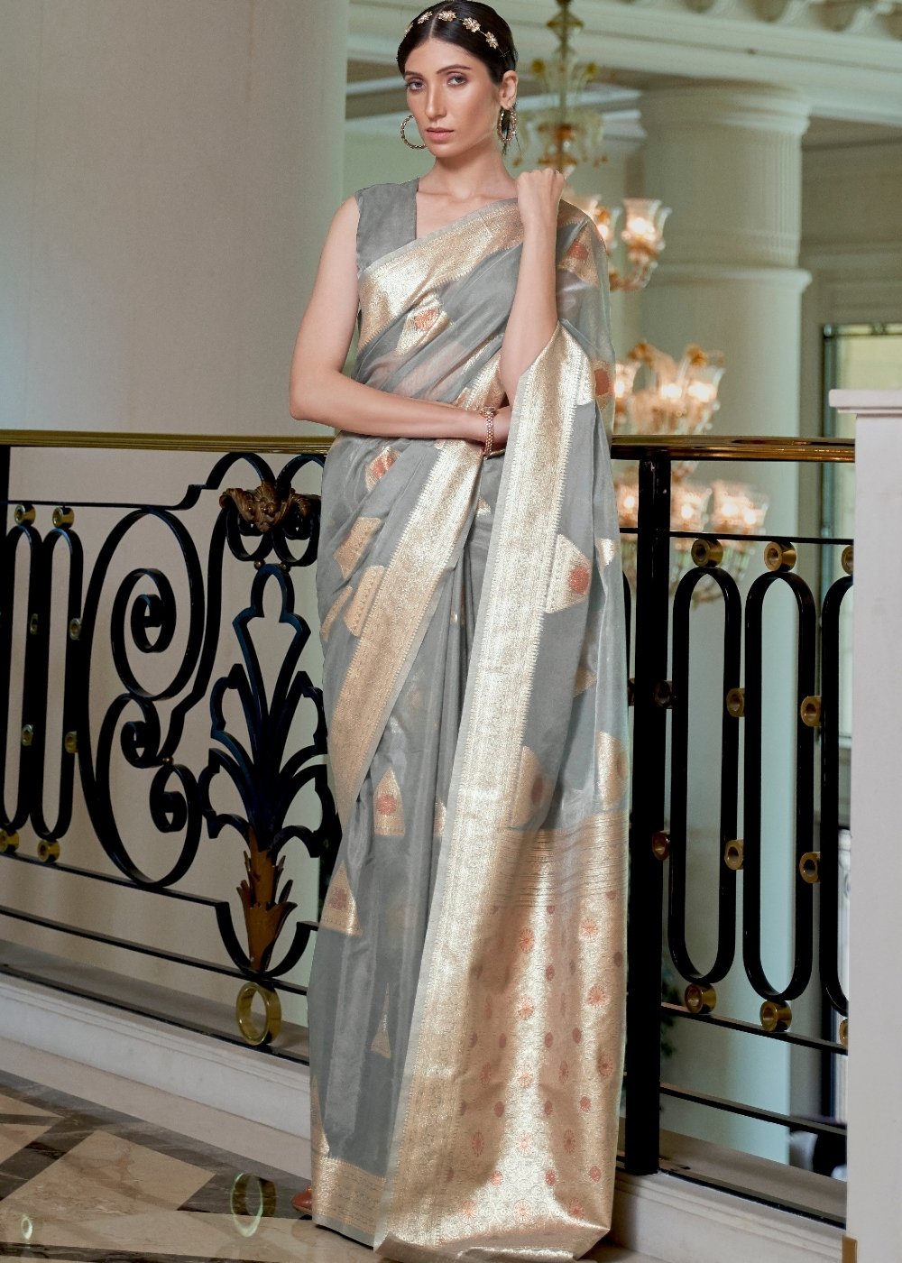 Seal Grey Banarasi-Chanderi Fusion Woven Silk Saree Clothsvilla Main image