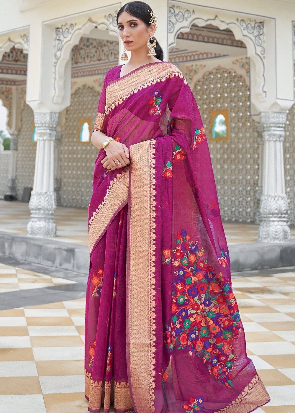 Magenta Purple Floral Embroidered Linen Silk Saree Clothsvilla Main image