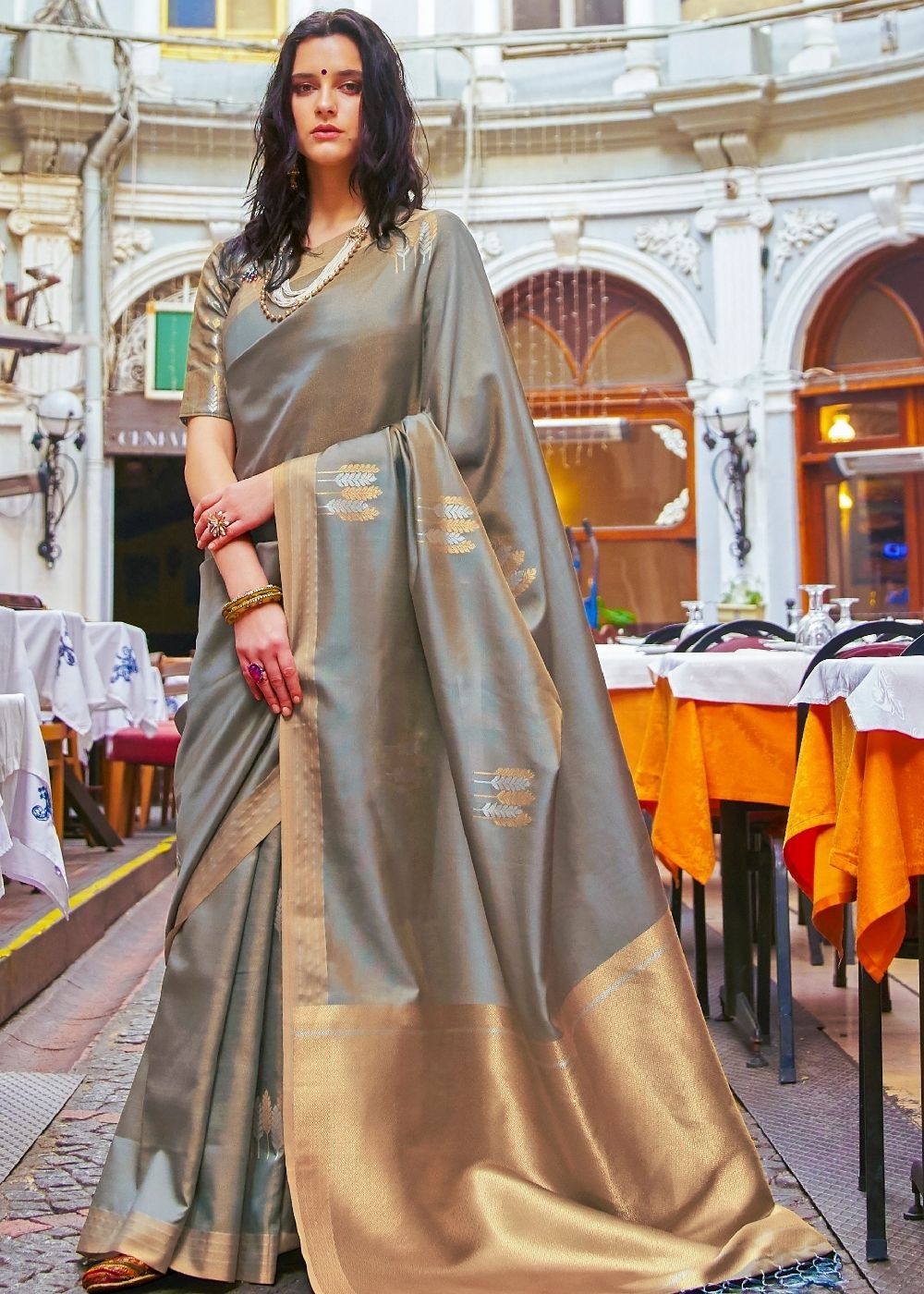 Opulent Gray Designer Wear Woven Banarasi Silk Saree Clothsvilla Main image