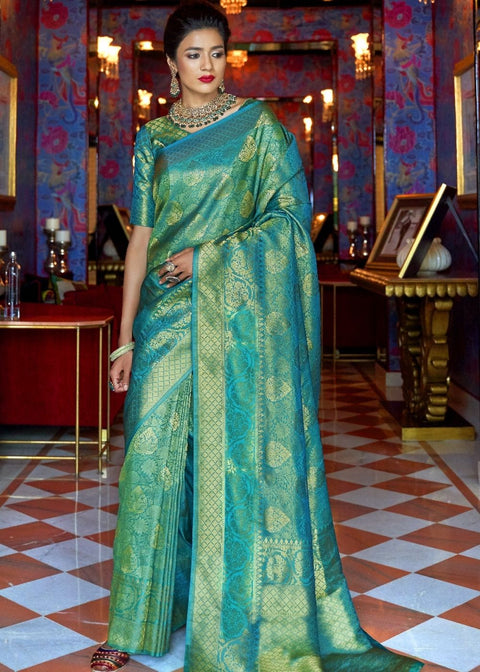 Turquoise Blue and Golden Blend Woven Kanjivaram Soft Silk Saree Clothsvilla Main image