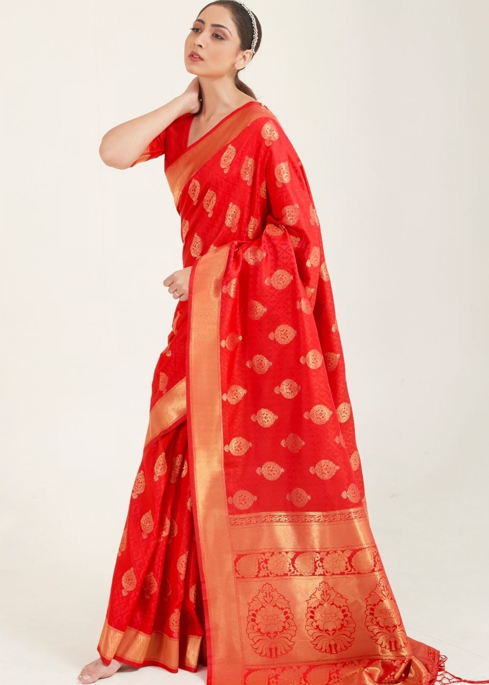 Ferrari Red Zari Butta Woven Banasari Silk Saree Clothsvilla Main image