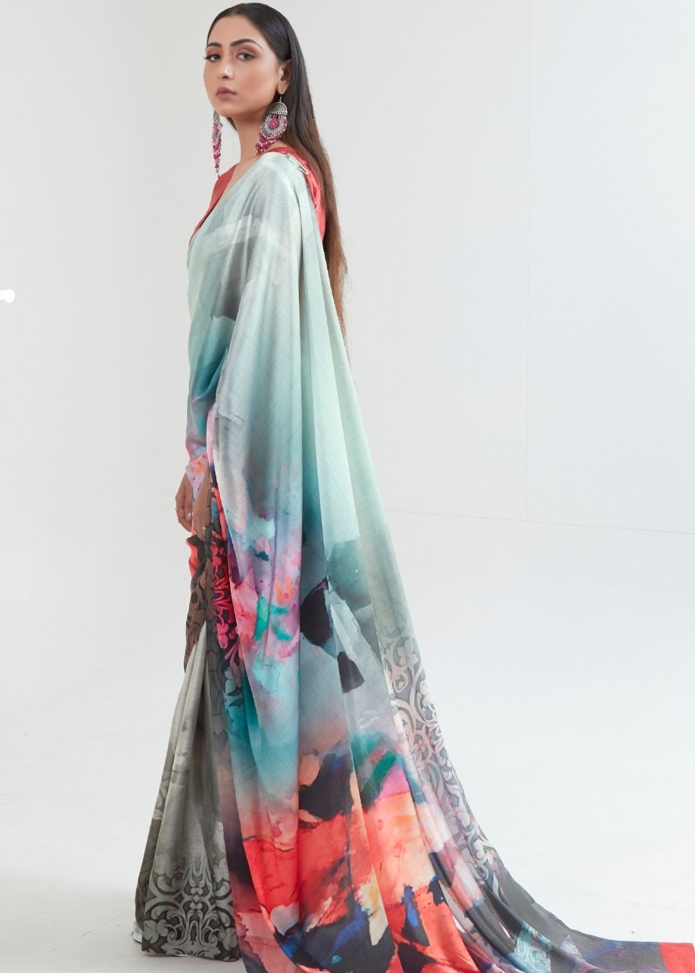 Pastel Green Satin Silk Digital Printed Saree Clothsvilla Main image