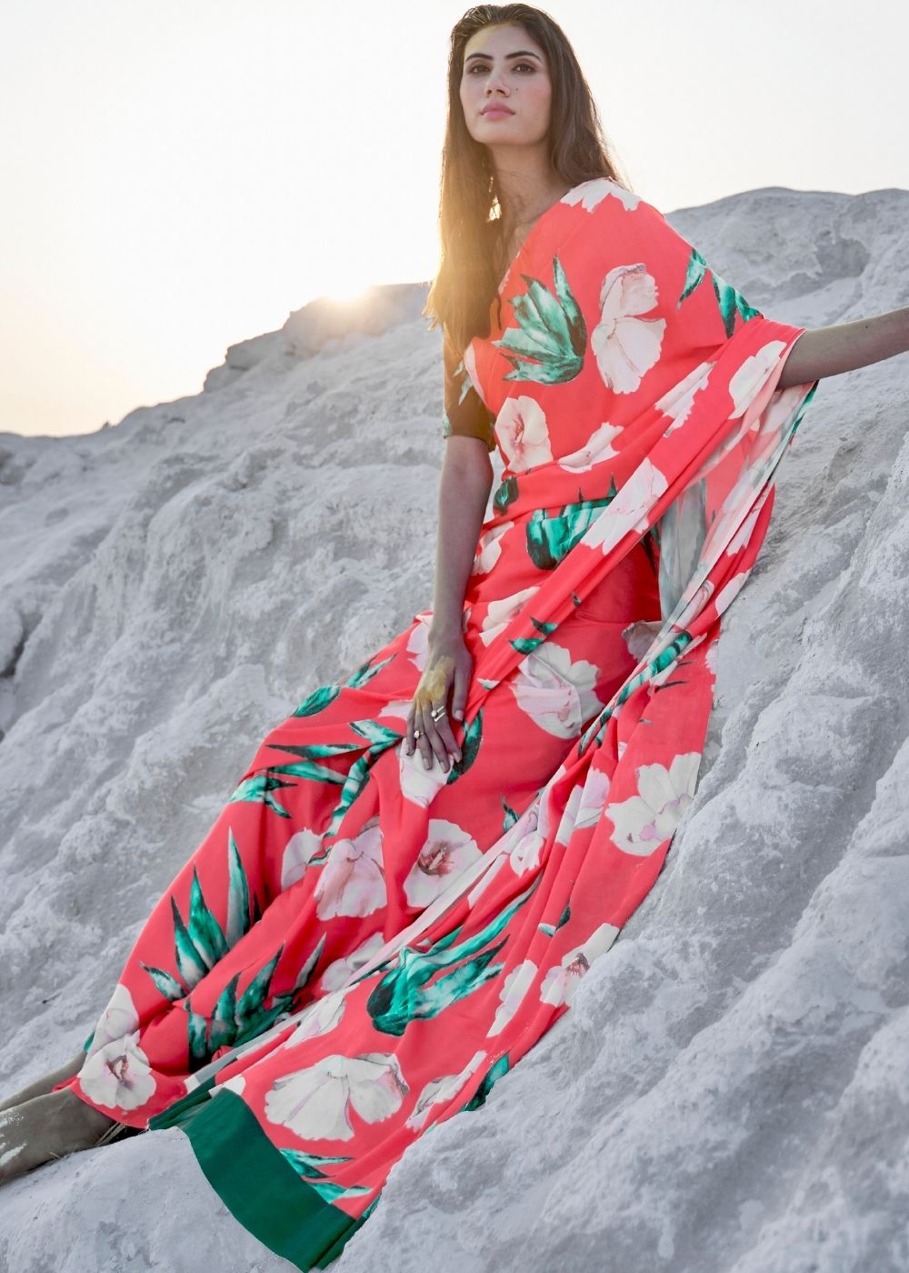 Strawberry Pink Digital Printed Crepe Silk Saree Secondary image