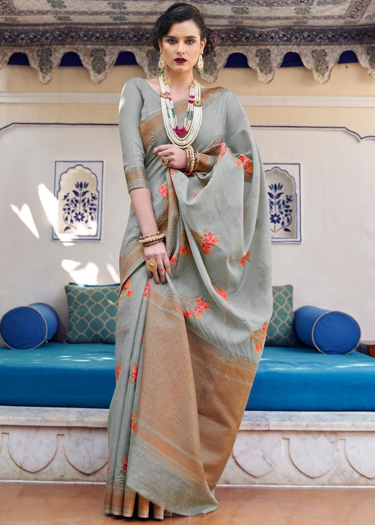 Metal Gray Linen Woven Silk Saree with Zari work on Border and Pallu Clothsvilla