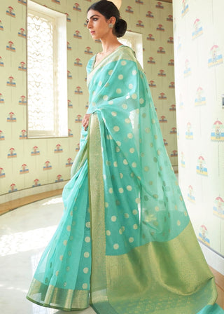 Emerald Green Zari Woven Linen Silk Saree Clothsvilla