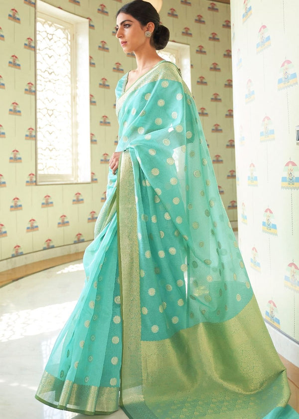 Emerald Green Zari Woven Linen Silk Saree Clothsvilla