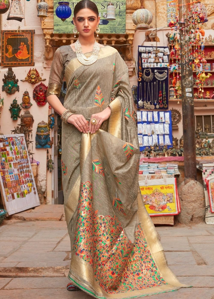 Cedar Brown Linen Silk Saree with Colorful Weaving work Clothsvilla